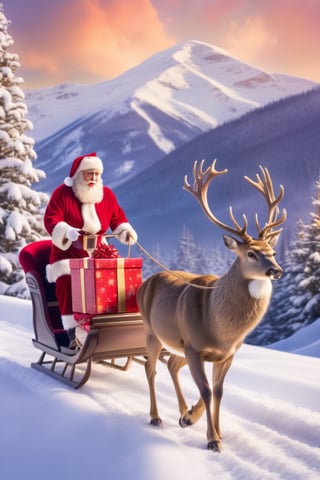 Outdoor, snowy sky background, snow-covered mountain path, sleigh attached to deer, Santa Claus holding gift box in front, (warm bright color tones), (soft diffused lighting), masterpiece, top quality, detailmaster2, ral-chrcrts, christmas,disney style