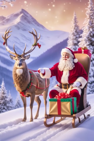 Outdoor, snowy sky background, snow-covered mountain path, sleigh attached to deer, Santa Claus holding gift box in front, (warm bright color tones), (soft diffused lighting), masterpiece, top quality, detailmaster2, ral-chrcrts, christmas,disney style