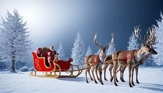 Santa Claus riding a sleigh pulled by deer. A white Christmas scene covered in snow in front of a cathedral with a Christmas tree. Santa Claus riding a sleigh pulled by deer. A sleigh full of gifts. Festive atmosphere and a smile.