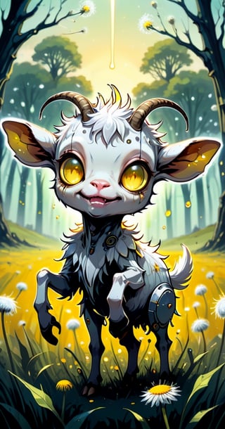 cuteness overload, 2d, flat, splatter ink, liquid ink, paint dripping, sci-fi, futuristic, fairytale, biomechanical glass metal transparent cute happy cyborg goat gremlin creature made of dandelion flowers. spring trees. rye field, farm house, biomechanical glass cyborg parts, glowing eyes, fragility, dynamic pose, intricated, filigree, glowing eyes, sunbeams, Craola, Dan Mumford, Andy Kehoe, otherworldly, cute creepy, celestial, complex background, spring sunset, cute, adorable, ultra highly detailed, cinematic, masterpiece, art on a cracked paper, vintage, patchwork