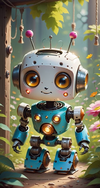 Craft a prompt for an endearing little robot, radiating cuteness. Picture its charming features, playful demeanor, and a backdrop that enhances the overall adorableness. Request a super cute image that sparks joy