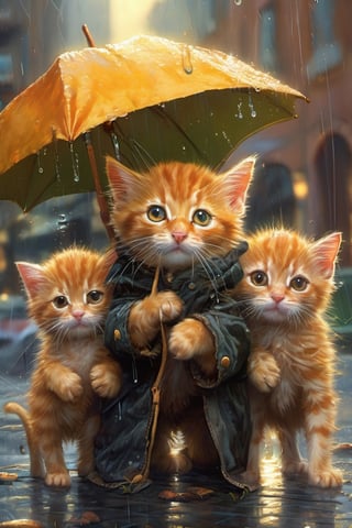 Hyper-detailed  painting, Jean-Baptiste Monge style, a gang of cute little kittens gathered in the rain  under an single black long raincoat, splash, glittering, cute and adorable, filigree, lights, fluffy, magic, surreal, fantasy, digital art, ultra hd, hyper-realistic illustration, vivid colors,  UHD, cinematic perfect light,greg rutkowski