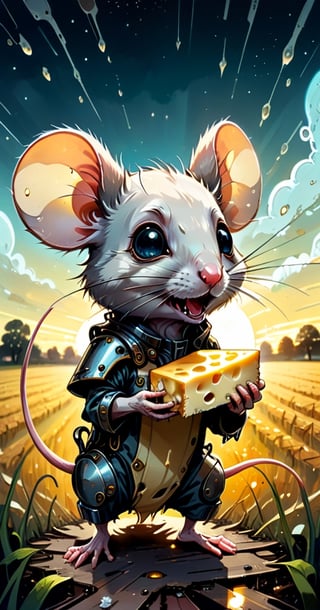 cuteness overload, 2d, flat, splatter ink, liquid ink, paint dripping, sci-fi, futuristic, fairytale, biomechanical glass rusty steampunk metal transparent cute happy mouse eating cheese  rye field, farm house, biomechanical glass cyborg parts, glowing eyes, fragility, dynamic pose, intricated, filigree, glowing eyes, sunbeams, Craola, Dan Mumford, Andy Kehoe, otherworldly, cute creepy, celestial, complex background, spring sunset, cute, adorable, ultra highly detailed, cinematic, masterpiece, art on a cracked paper, vintage, patchwork