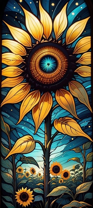   two parts in one art, double exposure, best quality, dark tales, close up big  detailed sunflower looking at me, big eye, sunset, field,  Craola, Dan Mumford, Andy Kehoe, 2d, flat, cute, adorable, vintage, art on a cracked paper, fairytale, patchwork, stained glass, storybook detailed illustration, cinematic, ultra highly detailed, tiny details, beautiful details, mystical, luminism, vibrant colors, complex background,