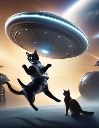 Long shot of a flying saucer piloted by an alien Cat