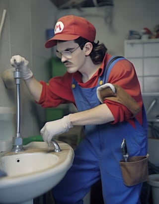 H4ck3rm4n Hackerman, dressed as Super Mario, cap, working as a plumber fixing leaky faucet