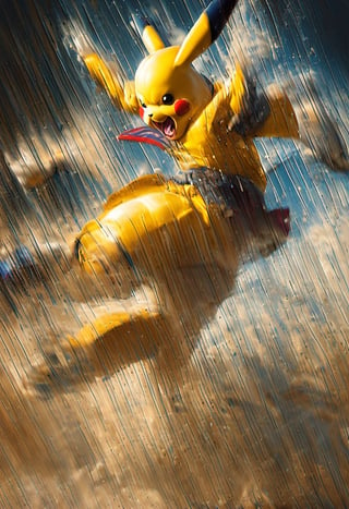 Action Shot of pikachu doing stand-up at a comedy club,