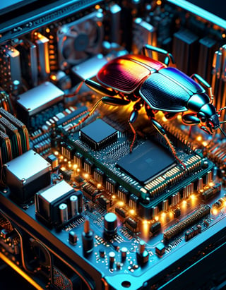 A bug made of electronic components,  inside a computer case,  eating computer components,  with sparks and led lights.,  ultra hd,  realistic,  vivid colors,  highly detailed,  UHD drawing,  pen and ink,  perfect composition,  beautiful detailed intricate insanely detailed octane render trending on artstation,  8k artistic photography,  photorealistic concept art,  soft natural volumetric cinematic perfect light, 
