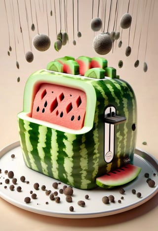 Nikon RAW Photo, 8k, Fujifilm XT3, Masterpiece, Top Quality, Realistic, Photorealistic, Ultra Detailed, High Resolution Faces, Reflected Light, Cinematic Lighting, (Reality: 1.2
Visualize a creative and quirky scene where an entire watermelon is innovatively transformed into a toaster. It is built in such a way that the green outer layer forms the toaster's body with the red insides serving as the interior panels. The toaster pops out a slice of toast. However, this piece of bread doesn't look ordinary. It's cleverly crafted to mimic a slice of watermelon, complete with a reddish core and black seeds scattered all over it, all snuggled within the crispy outer layer of the toast. The entire scene exudes whimsy and fantasy.