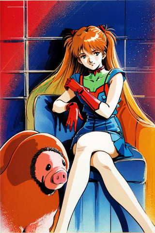 realistic. 1girl, souryuu asuka langley, neon genesis evangelion, ribbon, orange hair, pig tails, red plugsuit, sitting, crossed legs, throne, looking down, from bottom, looking at viewer, outdoors, masterpiece, best quality, very aesthetic, absurdres traditional media
retro artstyle
1980s style