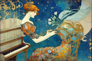 MoDernart, Double Exposure: art nouveau painting of a woman, playing a piano looking like a colorful patterned dress holding a blue flower, with abstract decorative elements and gold leaf detailing, high-resolution scan of a painting, space backdrop