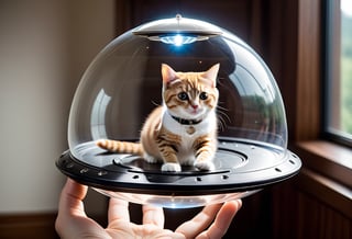 Photo of Cat piloting a tiny flying saucer with transparent dome