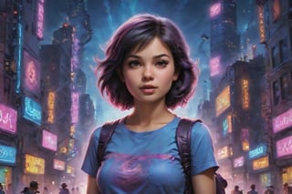 In a gritty cyberpunk metropolis, Dora the Explorer morphs into a stunning digital painting, bathed in neon hues and high-contrast lighting. Her portrait, akin to Henriette Kaarina Amelia von Buttlar's realistic artwork, exudes fashion sense and tenacity. Framed by towering skyscrapers and holographic advertisements, Dora's striking visage dominates the composition, her eyes gleaming like LED lights in a darkened alleyway. Amidst this dystopian landscape, her pose screams defiance, as if ready to conquer the virtual realm with nothing but a backpack full of digital gadgets.,Supersex