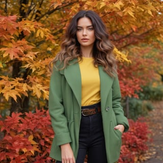 The image features a woman standing amidst a vibrant display of autumn foliage. She is dressed in a bright green jacket, which contrasts with the red and yellow leaves surrounding her. Her hair is styled in loose waves that fall over her shoulders. A black belt cinches her jacket at the waist, adding a touch of elegance to her outfit.