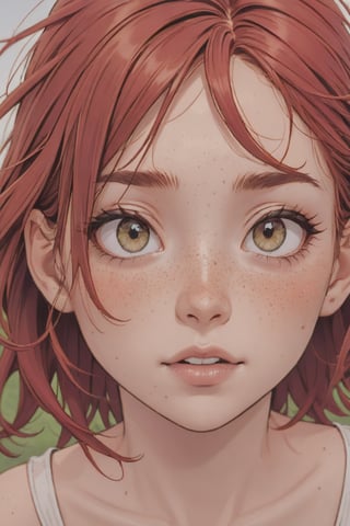 there is a young girl with red hair and a freckled face, wiggly ethereal being, fine detail post processing, inspired by Mark Arian, closeup of an adorable, world best photography, professionally post - processed, wind kissed picture, sharpened image, esty, by Andrew Robertson, real image, a picture,1girl
