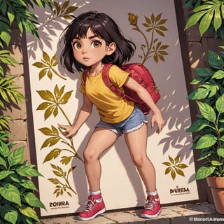 A highly detailed, ultra-realistic portrayal of Dora the Explorer, showcasing her iconic shadow in a concept art-inspired setting. The artwork captures intricate details, ensuring it is both highly detailed and hyper-focused, while adhering to Swantleave Point's photorealistic standards. The golden-accented design adds a touch of elegance to Dora's appearance, making her poster stand out with its sharp focus and riveting intricacy.