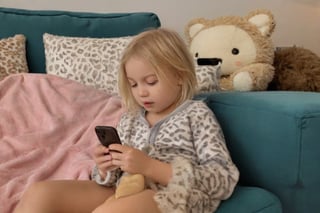  The image captures a serene indoor scene. A young child, dressed in pajamas adorned with a playful animal print, is seated on a blue couch. The child's attention is absorbed by the device they hold in their hands - a smartphone. The phone screen is lit up, suggesting that the child might be engaged in some form of digital activity.

The child's hair is blonde and appears to be styled in a bob cut. They are looking down at the phone, indicating an active engagement with whatever content is displayed on the screen.

Behind the child, there's a large, fluffy blanket draped over the back of the couch, adding a cozy touch to the scene. The blanket's texture and color contrast nicely with the blue of the couch, creating a warm and inviting atmosphere.

The overall setting suggests a comfortable and relaxed environment, possibly a living room or a similar communal space in a home. The child's focus on their phone indicates a moment of quiet concentration amidst the comfort of their surroundings. 