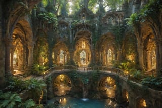 Rivendell's Enchanted Realm: Discover the mystical allure of this otherworldly destination. A serene emerald expanse unfolds before you, cradling majestic Gothic-Revival and Art Nouveau structures that seem to defy gravity. Waterfalls cascade down ancient stone facades, as whimsical Gaudí-inspired details dance in harmony with the soft golden light. The tranquil atmosphere beckons you to wander through lush greenery, where mythical creatures might just be hiding amidst the architectural wonders.