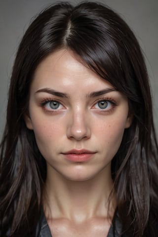 A gritty, close-up shot of a woman's mugshot, her expression a mix of shame and defiance. Harsh overhead lighting accentuates the lines on her face, while the background is a dull gray that seems to suck the life out of her. Her eyes are cast downward, but the hint of a smirk plays on her lips, as if daring anyone to judge her. A faint sheen of sweat glistens on her forehead, and her dark hair hangs limp around her pale face.