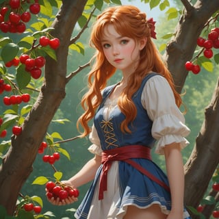  Cute girl gathering cherries on a tree, very long hair, reddish blonde, perfect body, cute face, curvy , insanely detailed art, Renoir Sorolla Degas manet, 8k resolution, lusciously drawn, soft render, ray tracing, unreal engine 5, illustration, by Beeple, WLOP, J. C. Leyendecker stalenhag, Mucha Katsuhiro Otomo by Ruan Jia and Mandy Jurgens and Artgerm and William-Adolphe Bouguereau, featured on artstation, anime style, 4k, in focus, details, hyper realistic,2d rays, cinematic composition, majestic light, 8k resolution, masterpiece, high resolution, award, epic scenery, dark fantasy environment, dnd character Scrolls squats, official studio and professional visual novel cover, fan deviantart Studio,at studio and professional video, by James wain and by Roger Dean and by Ross Tran and by Peter miyakoAnki