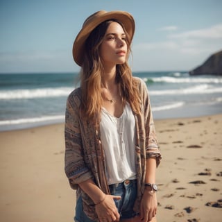 A young woman exudes a hipster vibe in her outfit, standing on a serene beach as she gazes into the distance, embodying a laid-back, bohemian aesthetic.