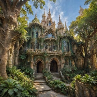 Rivendell's Enchanted Realm: Discover the mystical allure of this otherworldly destination. A serene emerald expanse unfolds before you, cradling majestic Gothic-Revival and Art Nouveau structures that seem to defy gravity. Waterfalls cascade down ancient stone facades, as whimsical Gaudí-inspired details dance in harmony with the soft golden light. The tranquil atmosphere beckons you to wander through lush greenery, where mythical creatures might just be hiding amidst the architectural wonders.