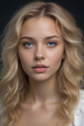 The image is a portrait of a young girl with long blonde hair. She is looking directly at the camera with a serious expression on her face. Her hair is styled in loose waves and falls over her shoulders. She has a slight smile on her lips and her eyes are a piercing blue. The background is black, making the girl the focal point of the image. She appears to be wearing a white blouse with a ruffled neckline. The lighting is soft and natural, highlighting her features,Supersex