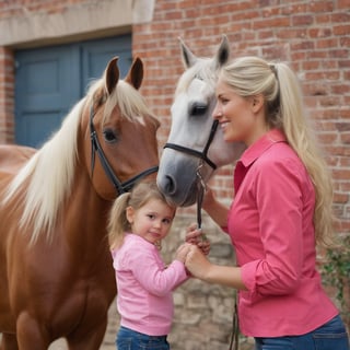 Eye-level indoors, a warm smile from the fair- skinned woman in a pink shirt greets us as she looks left. A child, also fair-skinned, stands before her, black helmet and red jacket a pop of color against blue jeans and black boots. The horse, light brown with a white mane, wears a red halter and white-red bridle, its nose gently touched by the child's left hand. In the stable, surrounded by brick walls adorned with vines and flowers, the scene is framed by the camera at eye-level, capturing the warmth of the woman's smile and the tender moment between the child and horse.