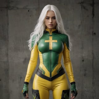 A bold superheroine stands tall, dressed in a vibrant yellow and green suit adorned with a distinctive cross emblem on the chest, paired with a black jacket and hood. Her long white hair flows behind her as she confidently poses, one hand resting on her hip and the other on her thigh. A serious expression dominates her face, fixed directly at the camera. Against a gritty concrete wall backdrop, a window to the right adds depth. The overall mood is dramatic and powerful, evoking a sense of strength and determination.
