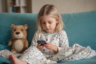  The image captures a serene indoor scene. A young child, dressed in pajamas adorned with a playful animal print, is seated on a blue couch. The child's attention is absorbed by the device they hold in their hands - a smartphone. The phone screen is lit up, suggesting that the child might be engaged in some form of digital activity.

The child's hair is blonde and appears to be styled in a bob cut. They are looking down at the phone, indicating an active engagement with whatever content is displayed on the screen.

Behind the child, there's a large, fluffy blanket draped over the back of the couch, adding a cozy touch to the scene. The blanket's texture and color contrast nicely with the blue of the couch, creating a warm and inviting atmosphere.

The overall setting suggests a comfortable and relaxed environment, possibly a living room or a similar communal space in a home. The child's focus on their phone indicates a moment of quiet concentration amidst the comfort of their surroundings. 