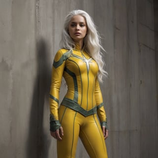 Portrait of 'Spectra,' a female superhero, standing before a gritty urban backdrop. Her yellow and green suit, adorned with a cross-shaped emblem on the chest, gleams under the dramatic lighting. Long white hair cascades down her back as she poses confidently, one hand resting on her hip and the other on her thigh. Her intense gaze meets the camera's, conveying a sense of strength and authority. The concrete wall, punctuated by a window on the right, serves as a striking contrast to Spectra's bold figure.