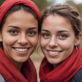 The image is a close-up photograph of two individuals, likely taken outdoors given the natural lighting. On the left side of the frame, there's a person with dark skin and light brown hair. This individual has a noticeable nose piercing and appears to be smiling slightly. The person on the right has a fair complexion and is wearing a red scarf around their neck. Both individuals are looking directly at the camera, creating a sense of connection with the viewer. There's no text present in the image. 