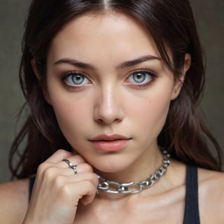 A close-up mugshot of a stunning woman, her features sullied by handcuffs and a stern expression. Soft lighting accentuates the curves of her face and the sparkle in her eyes, which seem to hold a hint of defiance. The composition is simple yet striking, with the subject's gaze directed straight at the camera, as if daring anyone to look away.