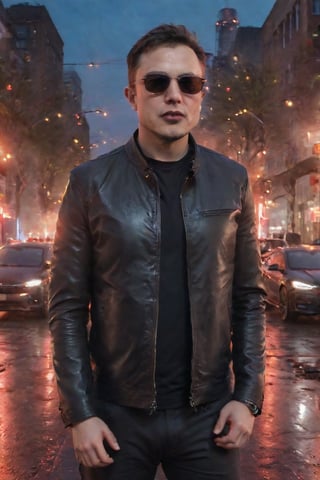 A darkened cityscape at dusk, with neon lights reflecting off the wet pavement. Elon Musk, dressed in a black leather jacket and sunglasses, stands tall, his eyes glowing red as he summons an army of miniature electric cars to do his bidding. His right hand holds a Tesla Cybertruck, its metallic body emblazoned with a sinister grin.