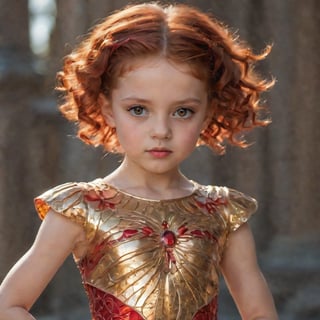 A sultry little girl with mesmerizing red eyes and radiant sun-kissed skin poses effortlessly in a full-frame photograph, showcasing intricate detail from her waist up. Her elegant ensemble shines with sophisticated complexity, complementing the refined atmosphere and meticulous composition that would be fitting for ArtStation's prime-time showcase.