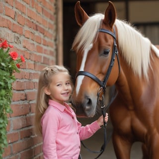 Eye-level indoors, a warm smile from the fair- skinned woman in a pink shirt greets us as she looks left. A child, also fair-skinned, stands before her, black helmet and red jacket a pop of color against blue jeans and black boots. The horse, light brown with a white mane, wears a red halter and white-red bridle, its nose gently touched by the child's left hand. In the stable, surrounded by brick walls adorned with vines and flowers, the scene is framed by the camera at eye-level, capturing the warmth of the woman's smile and the tender moment between the child and horse.