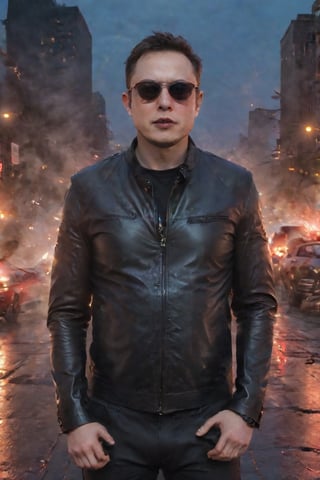 A darkened cityscape at dusk, with neon lights reflecting off the wet pavement. Elon Musk, dressed in a black leather jacket and sunglasses, stands tall, his eyes glowing red as he summons an army of miniature electric cars to do his bidding. His right hand holds a Tesla Cybertruck, its metallic body emblazoned with a sinister grin.