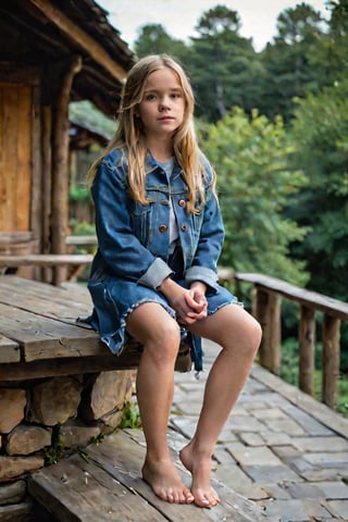  image captures a young girl with long, blonde hair, sitting on a blue ledge. She is wearing a blue jacket and a denim skirt, and her bare feet are crossed on the ledge. The girl is looking directly at the camera, and the background features a wooden structure with a thatched roof and green foliage. The lighting is moody and the image is taken with a long exposure, which gives it a dramatic effect. The overall mood of the image is serene and contemplative
