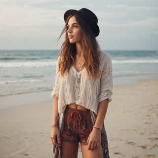 A young woman exudes a hipster vibe in her outfit, standing on a serene beach as she gazes into the distance, embodying a laid-back, bohemian aesthetic.