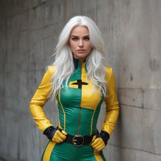 The image is a portrait of a woman dressed up as a superhero. She is wearing a yellow and green suit with a black belt and yellow gloves. The suit has a unique design with a cross on the chest and a black jacket with a hood. The woman has long white hair and is posing with one hand on her hip and the other resting on her thigh. She has a serious expression on her face and is looking directly at the camera. The background is a concrete wall with a window on the right side. The overall mood of the image is dramatic and powerful