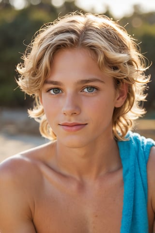 A stunning young boy, adorned with a vibrant blue towel wrapped elegantly around his neck. His striking features shine through - long blonde hair cascading down his back, piercing blue eyes sparkling bright, and smooth tan skin glowing under the warm light. Framed in a scenic full shot, he exudes confidence and charm, his short curly brown hair adding a playful touch. The uncropped image allows for an unobstructed view of his captivating gaze, as if he's inviting us to step into his world.