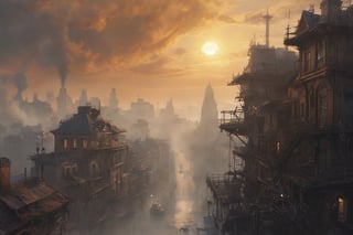 In this eerie, atmospheric watercolor cover, the forgotten metropolis's fog-shrouded skyline is bathed in warm, golden light, with steam-pierced clouds drifting lazily across the sky. Old houses with crumbling facades now hum with advanced electrical networks, their intricate gears and cogs meshing seamlessly with lush flora as they rise like mechanical sentinels from the mist. A mysterious figure, Justine, steps forth from the shadows, her gaze piercing the fog as she emerges in photorealistic detail against a matte background of holographic edges dancing across the surface. The overall effect is one of mystique and allure, inviting the viewer to step into the world of steampunk-tinged excess and desire.