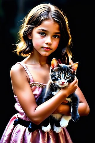 

Capturing the essence of a strong yet feminine woman, this image depicts her in a glamorous pose as she holds a playful kitten. The scene is rendered with intricate detail and stunning oil painting techniques, highlighting both the subject's beauty and the surroundings. With cinematic lighting casting a warm glow on the scene, it invokes feelings of nostalgia and comfort. The photograph features a 40mm lens at f/1.2, resulting in a sharp focus that emphasizes the connection between the little girl and her beloved kitten. This striking portrait will leave viewers captivated by its unique blend of vivid colors, 4K textures, high contrast, and hidden magical elements.,