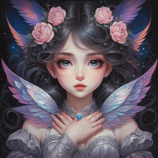In a mysterious, enchanting world, there is a cute magical girl with large eyes who is overcome with intense terror. She has her arms around her neck, facing away while closed-eyed. Only the voidspace can reveal who or what may have sent such a chilling effect on this magical girl. This breathtaking image is an exquisitely detailed and beautifully dramatic colored oil painting, crafted by talented artists Alex Rossachers and Arthur Kimamorph. The vivid colors and intricate details coalesce into a stunning visual masterpiece that captures the essence of this dark, fantastical scene.

	