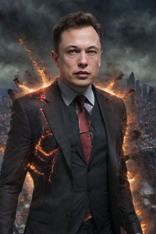 Dark Knight of Silicon Valley: Elon Musk-inspired villain in a gritty comic book setting. A close-up shot of a shadowy figure with a menacing gaze, lit by the glow of laptop screens and city lights. The subject, dressed in a sleek black suit, stands amidst a backdrop of crumbling cityscapes, with crumbling buildings and twisted metal debris. In the foreground, a city map with red X's marks out key locations. Elon Musk-inspired logo on the villain's lapel glows ominously, as he cackles maniacally, his eyes gleaming with a hint of genius-level madness.