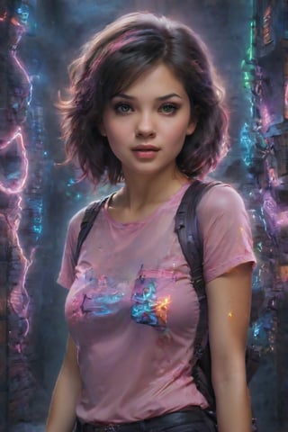 In a gritty cyberpunk metropolis, Dora the Explorer morphs into a stunning digital painting, bathed in neon hues and high-contrast lighting. Her portrait, akin to Henriette Kaarina Amelia von Buttlar's realistic artwork, exudes fashion sense and tenacity. Framed by towering skyscrapers and holographic advertisements, Dora's striking visage dominates the composition, her eyes gleaming like LED lights in a darkened alleyway. Amidst this dystopian landscape, her pose screams defiance, as if ready to conquer the virtual realm with nothing but a backpack full of digital gadgets.,Supersex