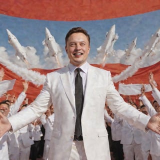 Era of Innovation Begins: Glory to Elon Musk, the Visionary Leader! A bold, bright-red backdrop sets the stage for a regal Elon Musk, resplendent in a gleaming white suit, arms outstretched in triumph. Behind him, a squadron of SpaceX rockets soar into the sky, while Tesla cars form a gleaming procession, symbolizing humanity's triumphant march forward. In a humorous nod to propaganda tropes, bold, golden text proclaims Great Leader's Wisdom Guides Us amidst a sea of fluttering flags and triumphant eagles.