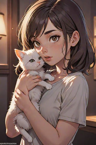 A stunning oil painting of a glamorous portrait of a little girl cradling a kitten in her arms. The image is bathed in cinematic lighting that creates a warm and evocative glow on the scene. The depth of field is beautifully crafted, drawing attention to the tender moment between the child and her beloved pet. The artwork captures an intriguing combination of hyperrealistic detail, precise architectural lighting, plastic and neon-like materials. Additionally, there are precisely anatomical elements which give a sense of realism to the image. The whole piece is masterfully crafted with great attention paid to every detail in order to create a truly stunning visual experience,1girl