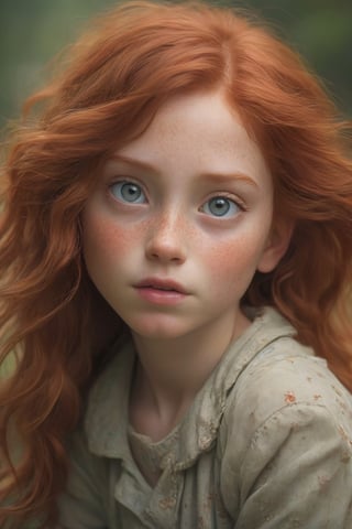 there is a young girl with red hair and a freckled face, wiggly ethereal being, fine detail post processing, inspired by Mark Arian, closeup of an adorable, world best photography, professionally post - processed, wind kissed picture, sharpened image, esty, by Andrew Robertson, real image, a picture,1girl