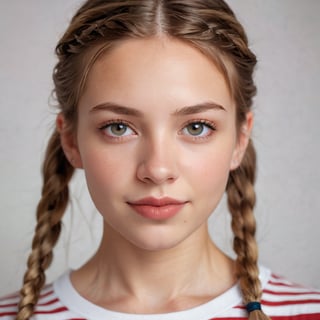 in a medium, eye-level shot, a fair-skinned young girl with long blonde hair and green eyes is captured in a close-up portrait against a stark white backdrop. she's dressed in a white and red striped t-shirt, which features a round neckline and short sleeves. her hair is braided into two pigtails, each ending in a braid. her eyes are wide open, and she's smiling slightly. her mouth is slightly ajar, revealing a hint of teeth. her skin is fair and lightly tanned, and her hair is a soft, light brown. her gaze is directed at the viewer, and she's looking directly into the camera.